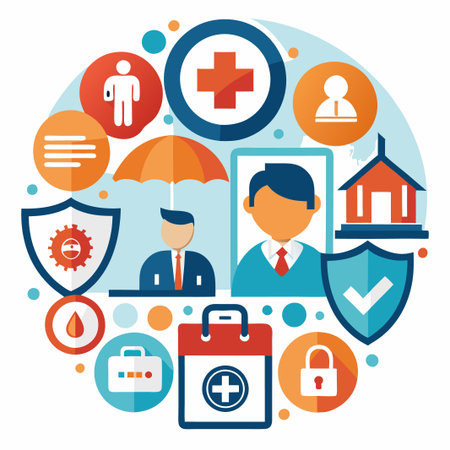Health insurance concept with icons showing medical, financial, and personal protection.のイラスト素材
