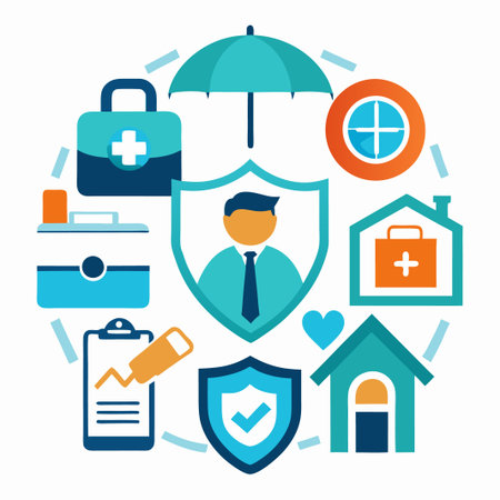 Insurance concept with icons of house, health, safety, and financial protection.のイラスト素材