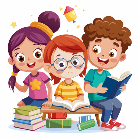 Three children read books together, a girl with purple hair and a yellow flower on her shirt, a girl with red hair wearing glasses and a yellow striped shirt, and a boy with curly brown hair wearing a blue shirt.のイラスト素材