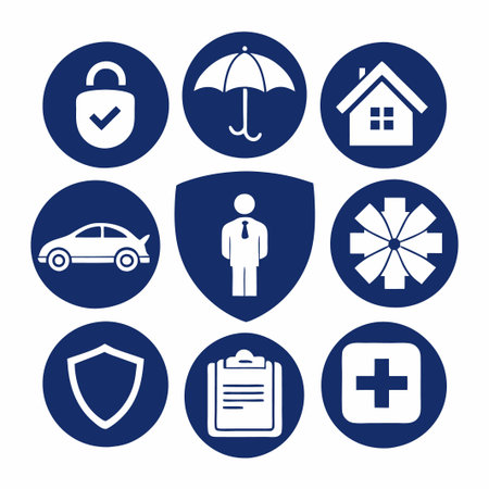 Nine blue circles with various white security icons inside, including a lock, umbrella, house, car, man in a suit, star, shield, clipboard, and a plus sign.のイラスト素材