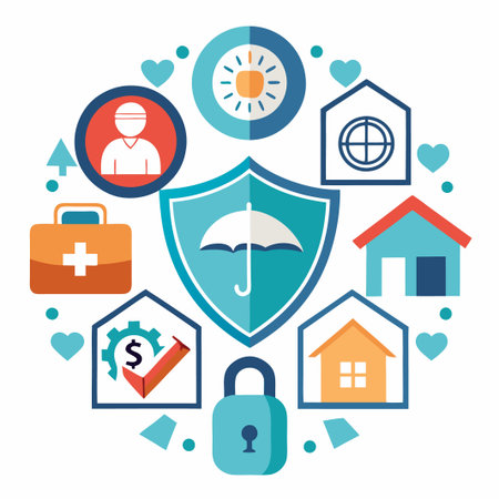 A shield with an umbrella inside, surrounded by houses, a person, a sun, a lock, a first aid kit and a dollar sign.のイラスト素材