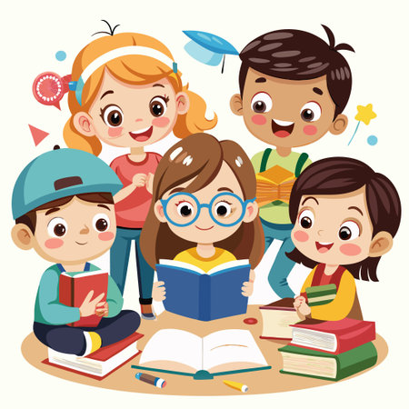 Four happy kids reading books together.のイラスト素材