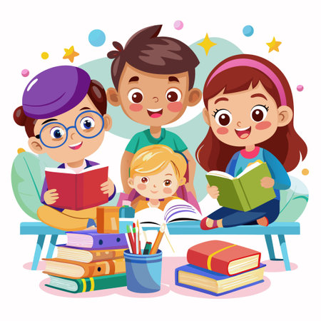 Happy kids reading books and learning together.のイラスト素材