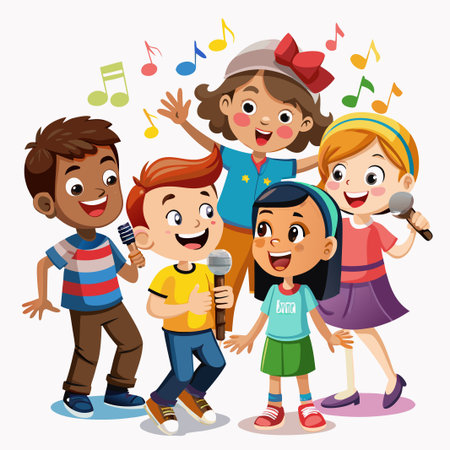 Happy kids singing with microphones, musical notes floating around them.のイラスト素材