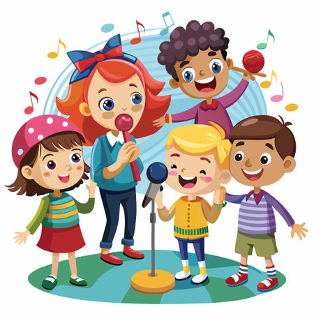 Four children sing together happily with microphone.のイラスト素材