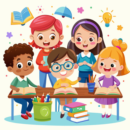 Happy children sitting at a table and reading books.のイラスト素材
