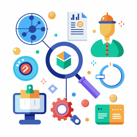 Data analysis with magnifying glass, report, and network icon,  with a computer, gear and clock, all on a white background.のイラスト素材