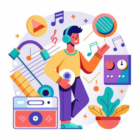 Happy Man with Headphones Enjoying Music with Surrounding Music Devices.のイラスト素材