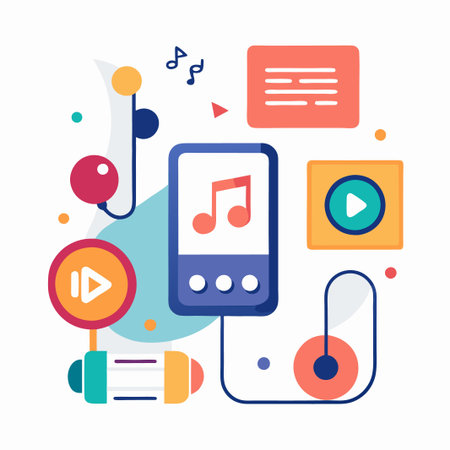 Colorful abstract illustration of music player with play button, headphones and notes.のイラスト素材