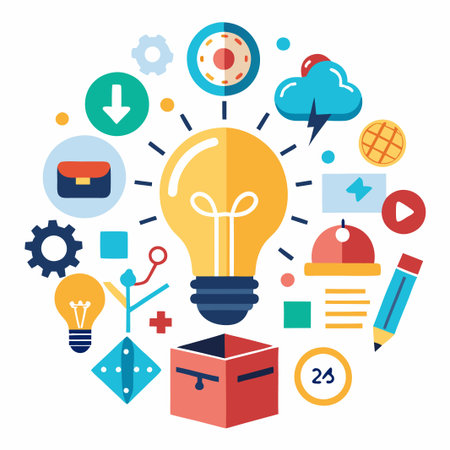 Bright light bulb surrounded by colorful icons representing ideas and innovation.のイラスト素材