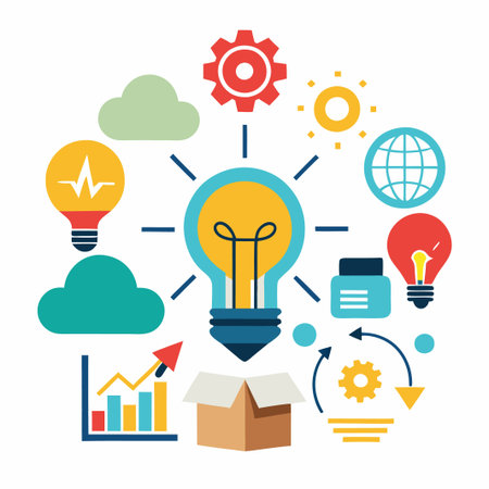 A lightbulb icon surrounded by icons representing different business concepts, including clouds, graphs, gears, and a globe.のイラスト素材