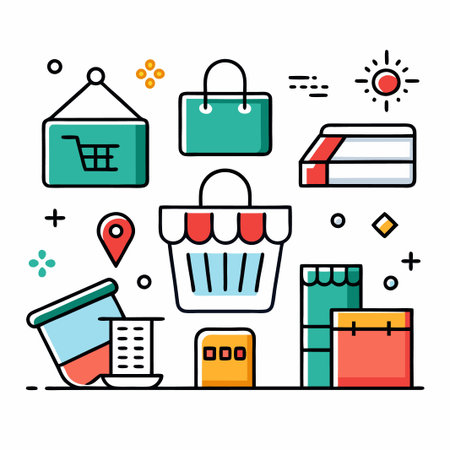 Online shopping concept with shopping bags, credit card, shopping cart and store front.のイラスト素材