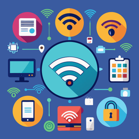 Wireless Network Icons and Devices for Secure Connection.