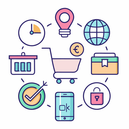 Colorful shopping cart surrounded by icons representing different aspects of online shopping.のイラスト素材