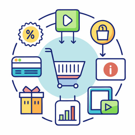 Online shopping concept with icons of shopping cart, percent sign, gift, info, play button and chart.のイラスト素材