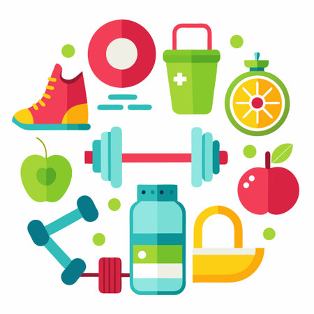 Colorful fitness icons with apple, dumbbells, and more.のイラスト素材