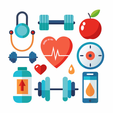 Fitness icons, heart, apple, barbell, supplement, stethoscope, watch.のイラスト素材
