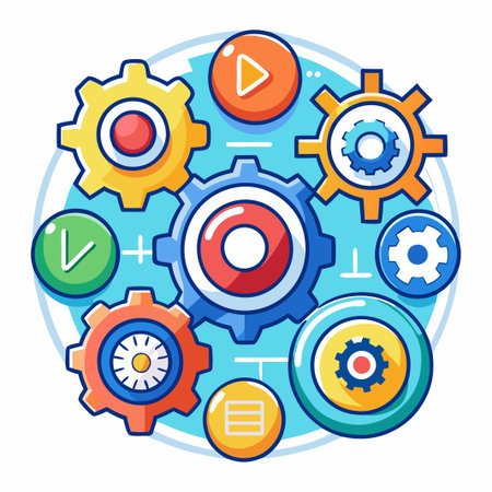 Colorful gears and buttons on a blue background.のイラスト素材