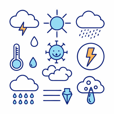 Set of weather icons with sun, cloud, rain, lightning, thermometer, and snow.のイラスト素材