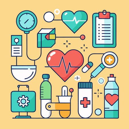 Medical healthcare icons with a red heart and pulse line.のイラスト素材