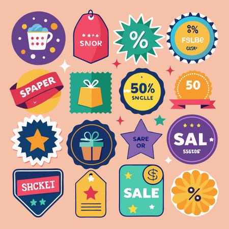 Collection of colorful sale labels with stars, percent signs, and gift boxes.のイラスト素材