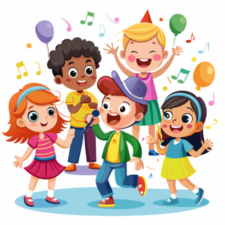 Four kids singing with a microphone, balloons and music notes.のイラスト素材