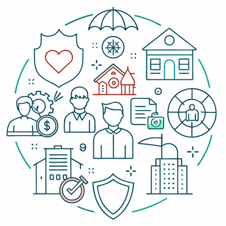 Circular line illustration of icons for insurance, security, finance, and property.のイラスト素材