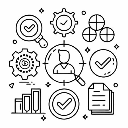 Illustration of a person with a target around them and multiple checkmarks and gears, signifying success, achievement, and approval.のイラスト素材