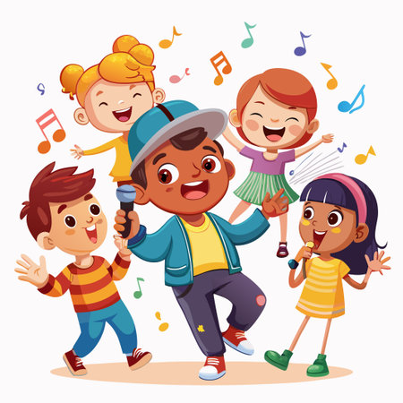 A group of happy children singing karaoke with microphones.のイラスト素材