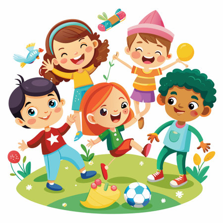 Happy diverse group of kids playing on a green field with a soccer ball.のイラスト素材
