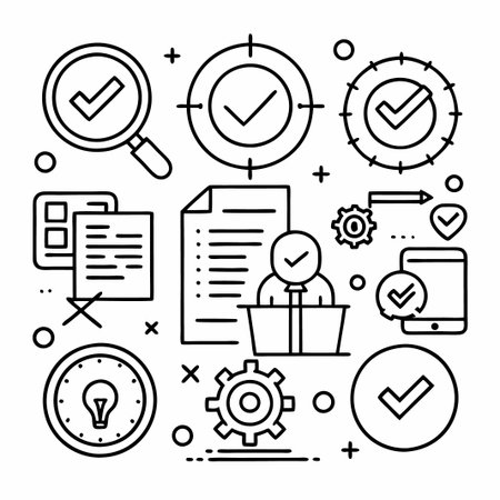 Checkmark icons in a composition with a checklist, magnifying glass, a gear, a phone and more.のイラスト素材