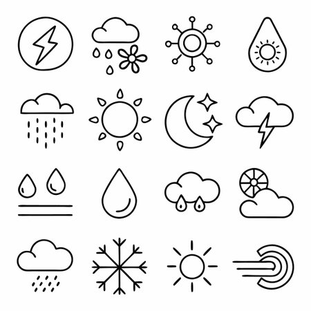 Set of 16 weather icons in line style.のイラスト素材