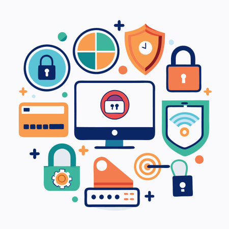Colorful illustration of various security and network icons.
