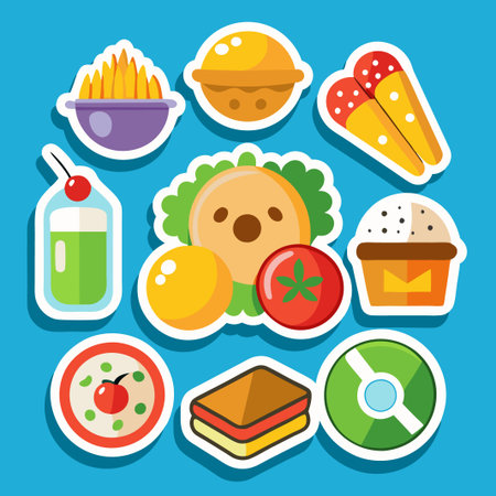 Colorful flat sticker icons of various food.のイラスト素材