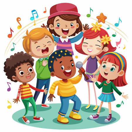Five cheerful kids sing along with musical notes.のイラスト素材