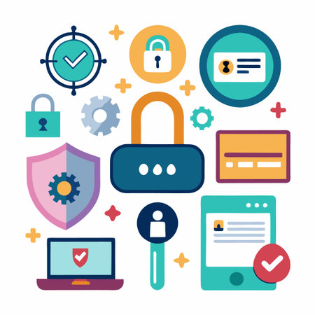 Colorful flat icons represent safe online activity with laptop, shield, lock, id card, and gears.のイラスト素材