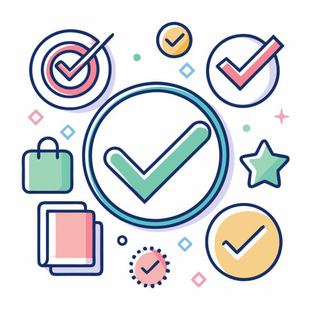 Colorful check marks in circles with shopping bag, star, and rectangle icons.のイラスト素材
