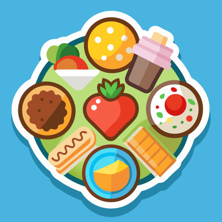 A colorful illustration of various foods in a circle on a blue background.のイラスト素材