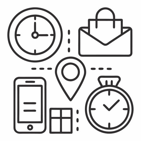 Clock, smartphone, stopwatch, location pin, envelope and grid icons.のイラスト素材