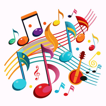 Colorful musical notes, a guitar, and musical staff with a white background.のイラスト素材