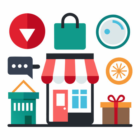 Illustration of a store with different icons related to online shopping, shopping bag, and gift box.のイラスト素材