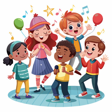 Five cheerful kids are singing together, holding a microphone, and surrounded by balloons and musical notes.のイラスト素材