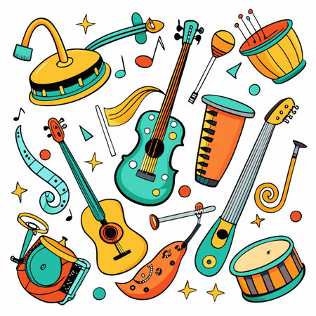 Colorful cartoon musical instruments set on white background.のイラスト素材