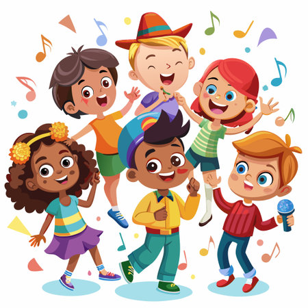 Five kids sing and dance with musical notes around them.のイラスト素材