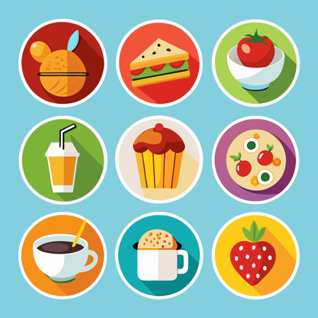 Nine circular icons with flat design style and long shadows depicting various food items like sandwich, coffee, cupcake, and fruit.のイラスト素材