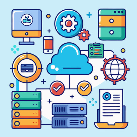 Cloud computing with servers, database, and mobile phone.