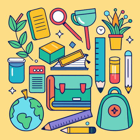 Colorful illustration of school supplies, including a magnifying glass, pencil, book, and globe.のイラスト素材
