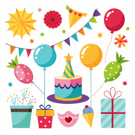 Colorful birthday party elements with balloons, cake, gifts, and confetti.のイラスト素材
