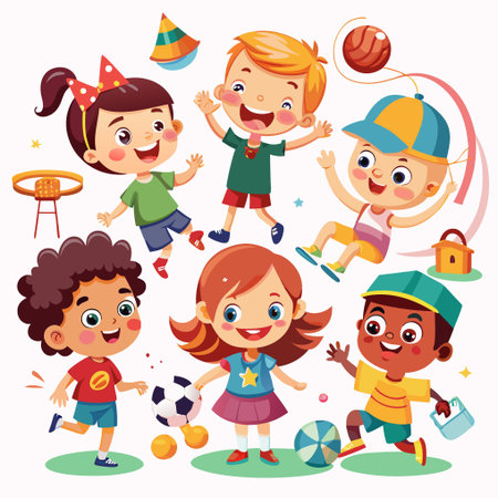 Six smiling diverse children playing together with various toys.のイラスト素材