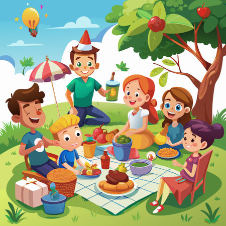 Happy friends enjoying a picnic under a tree with food and drinks.のイラスト素材